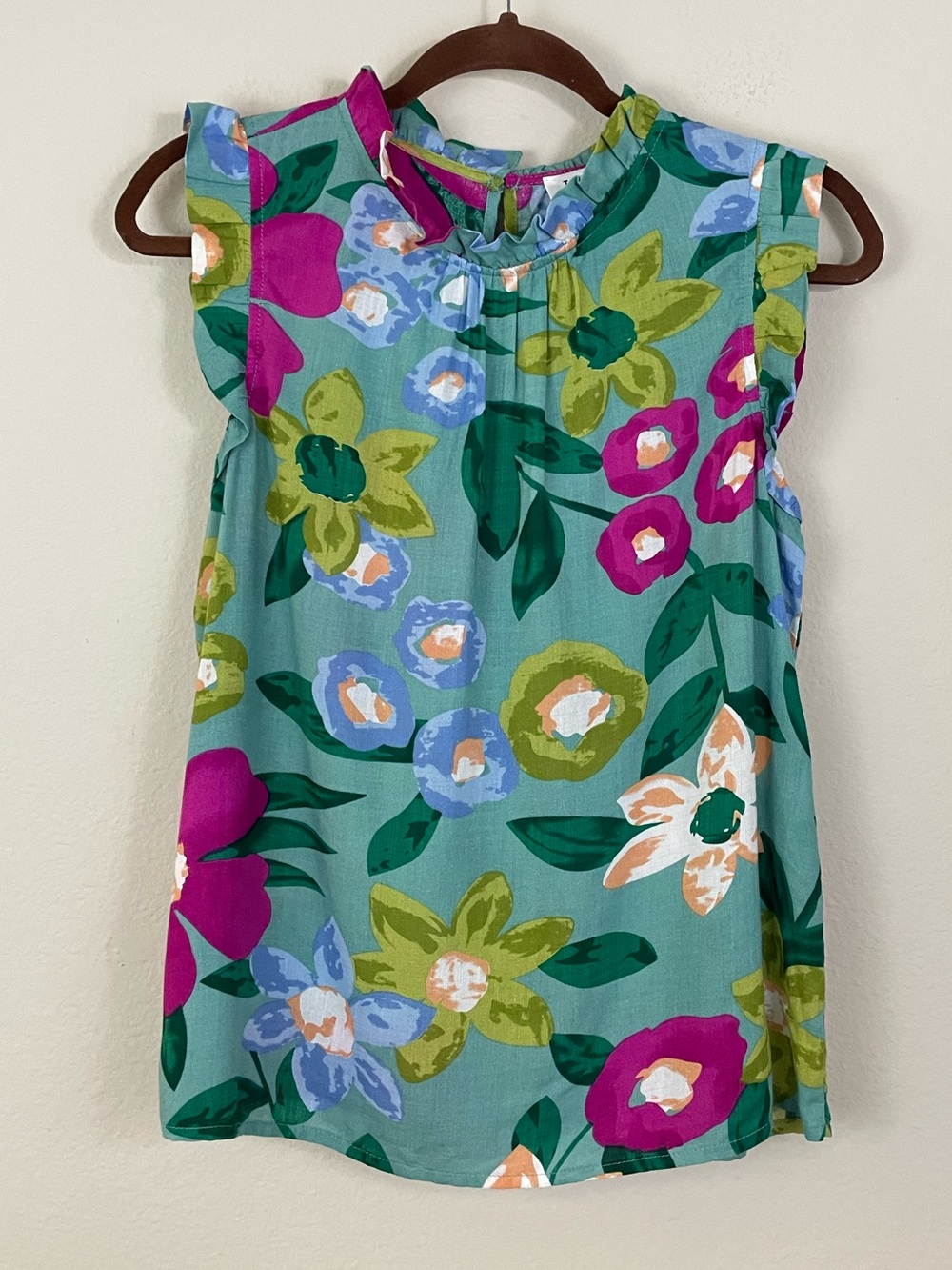 THML Watercolor Floral Print Ruffle Trim Tank Top Size Small